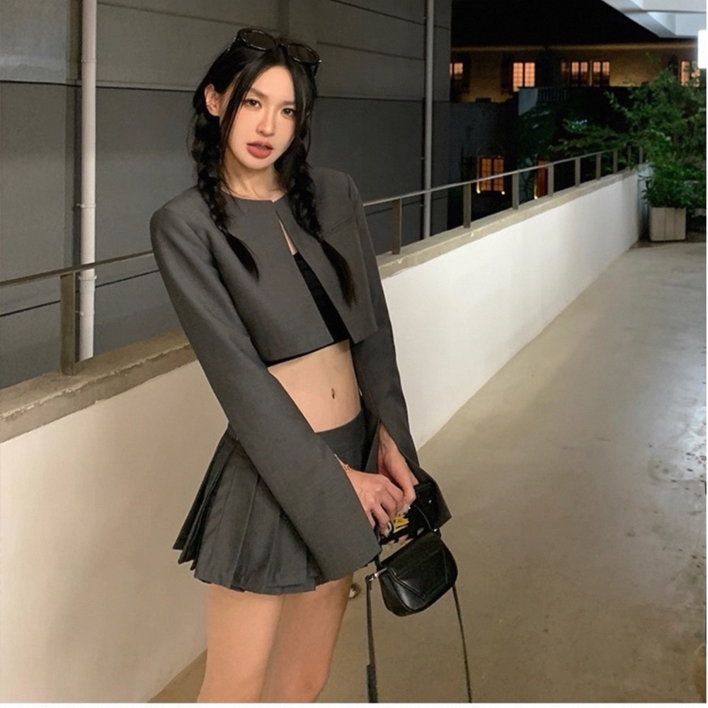 Grey Pleated Mini Skirt Set